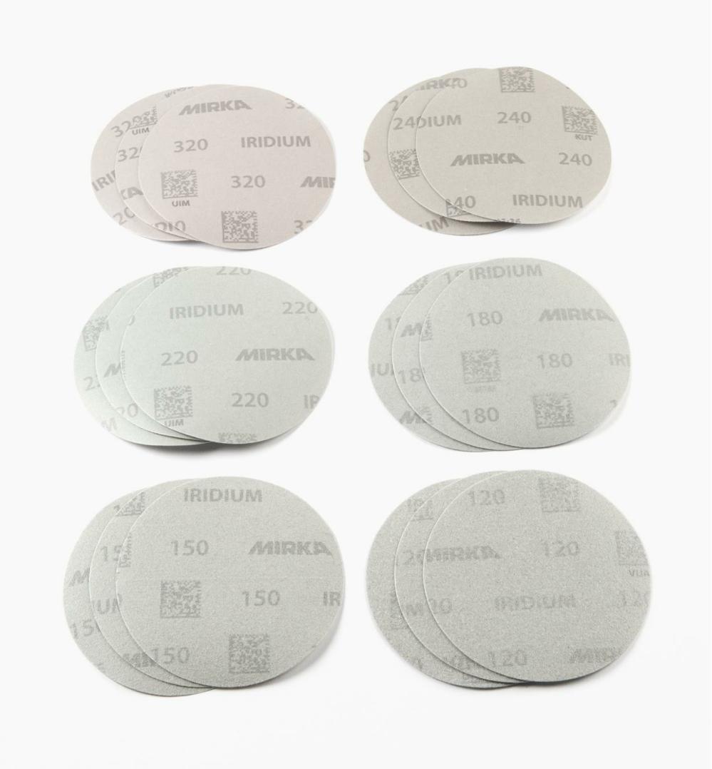 18-Pc. Sample Pack of Mirka 5″ No-Hole Iridium Grip Discs Sanding